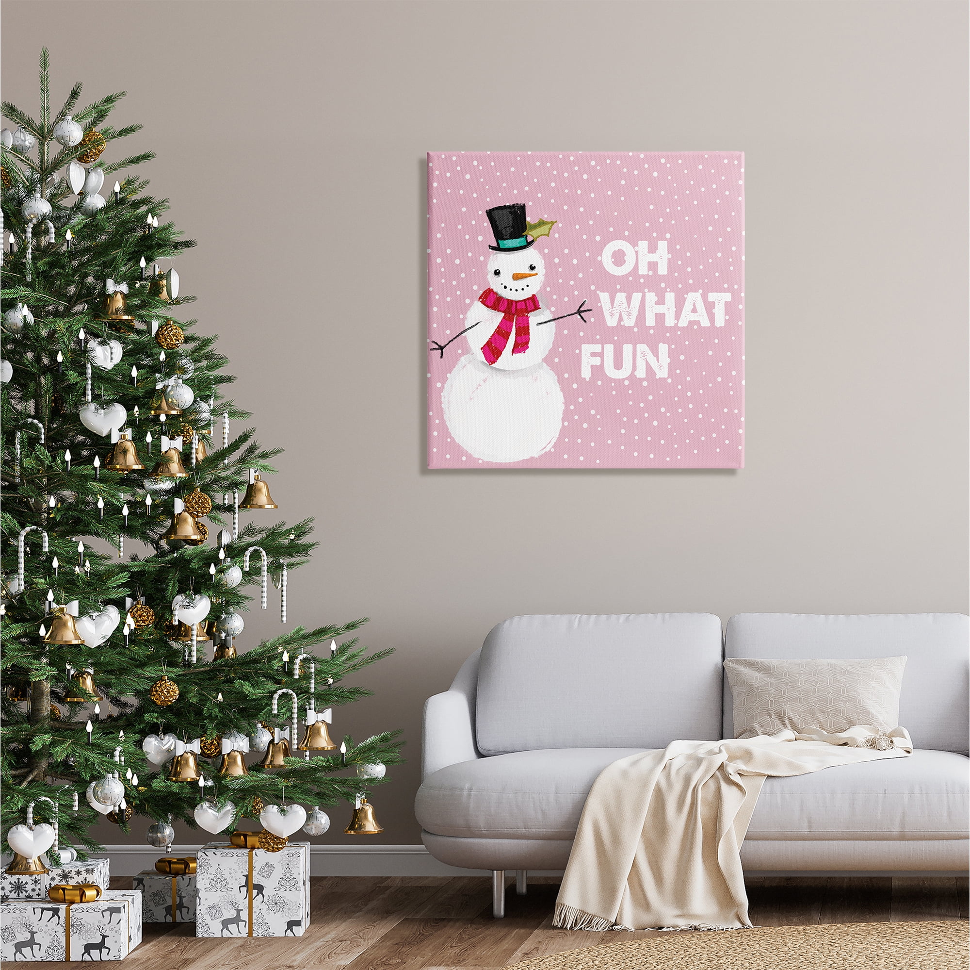 Stupell Industries Oh What Fun Pink Snowman Holiday Painting Gallery Wrapped Canvas Print Wall Art, 30 x 30