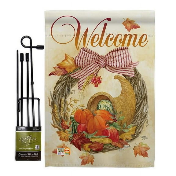 Breeze Decor BD-HA-GS-113044-IP-BO-D-US12-AM 13 x 18.5 in. Cornucopia Wreath Fall Harvest & Autumn Vertical Double Sided Mini Garden Flag Set with Banner Pole