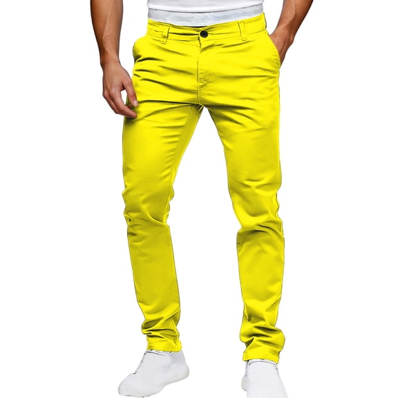 Zysthvn Winter Men Pants Slim Fit Straight Leg Workwear Casual Mens Trousers Daily Wear Button Breathable with Pockets Solid Pants, Yellow XXL