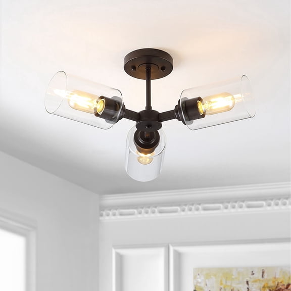 JONATHAN Y Jaymes 20" 3-Light Farmhouse Industrial Iron Cylinder LED Semi Flush Mount, Oil Rubbed Bronze/Clear, JYL9543A