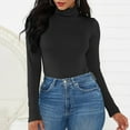 thumbnail image 3 of Women's Long Sleeve Bodysuit - Turtleneck, Slim Fit, Pure Color, High Elasticity, Snap Closure - Black, Size L, 3 of 6