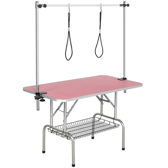 Yaheetech 45" Height Adjustable Pet Grooming Table Stainless Metal Arm Frame For Dogs/Cats/Pet Tools Storage Rack, Pink