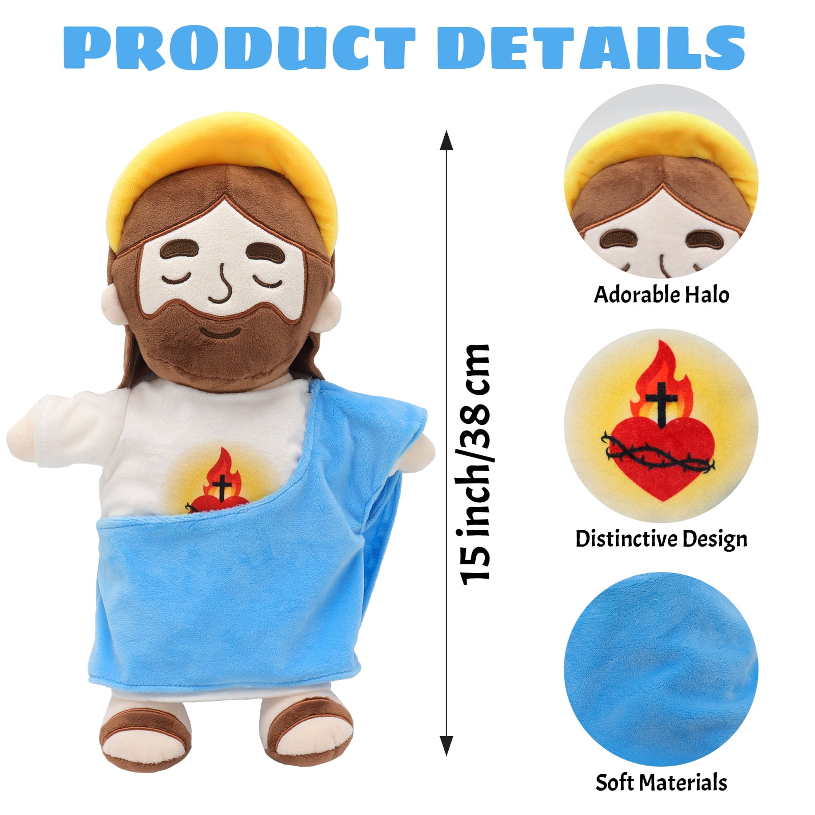 Halo Breathing Jesus Plush Doll Sacred Heart Jesus Doll Sound And Light, Christian Religious Toy For Church Prayer Home Decoration Baptism Easter Christmas Kid Gifts-Blue