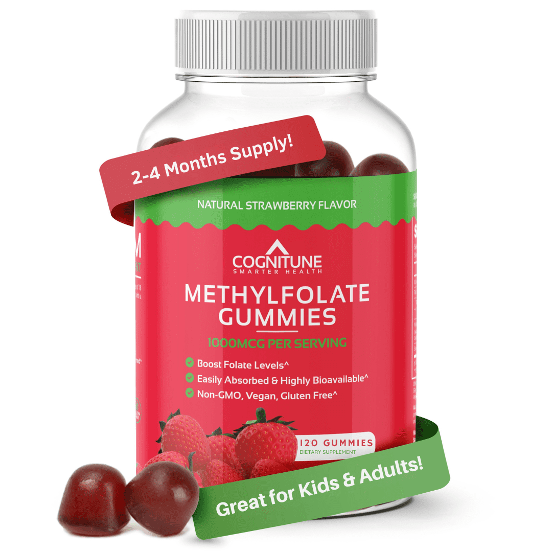 CogniTune Methylfolate Gummies for Kids and Adults - L-Methylfolate 1000mcg 5-MTHF Folate Supplement - Strawberry Chewable Vitamin B9 -120 Count