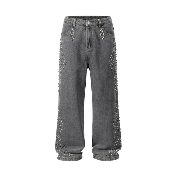 Pantalones Retro Con Cuentas For Hombre, Vaqueros De Barril Con Aplicación De Diamantes De Imitación, Vaqueros Holgados, Pantalones Vaqueros Informales De Pierna Ancha