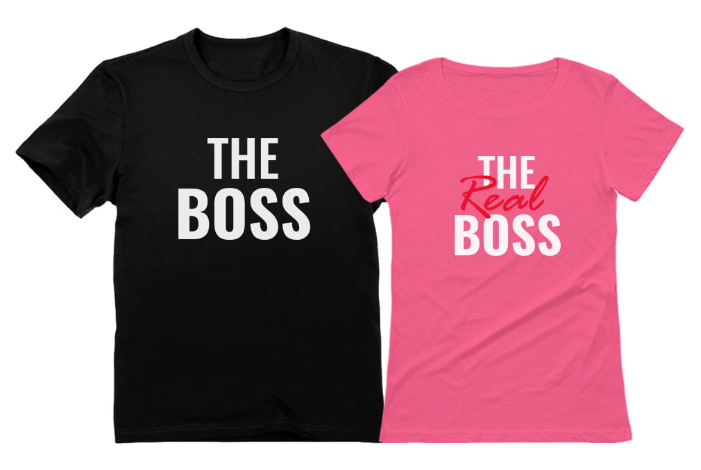 The Boss and The Real Boss Funny Husband and Wife Matching Couples T-shirts Men Black XXX-Large / Women Pink Medium pic