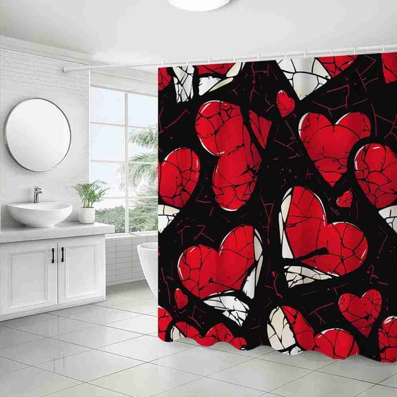 70x70 inch Red and Black Cracked Heart Shower Curtain, Waterproof Polyester Fabric with Hooks for Bathroom Decor