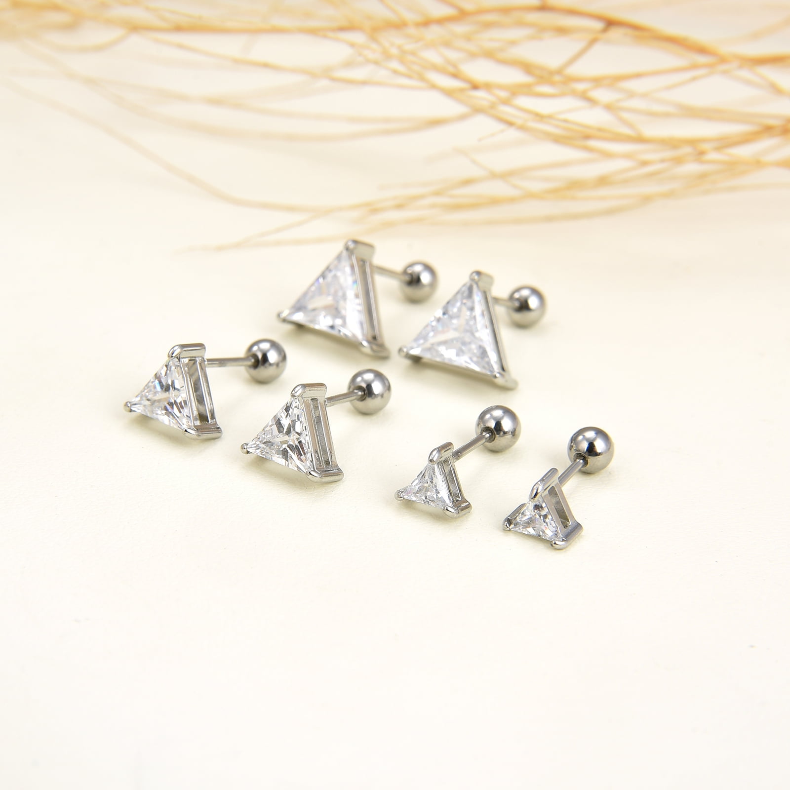 Set Di 3 Paia Orecchini A Perno In Acciaio Inox Chirurgico Con Zirconi Cubici E Chiusura A Vite | 4mm 5mm 6mm, Regalo Donna - 3