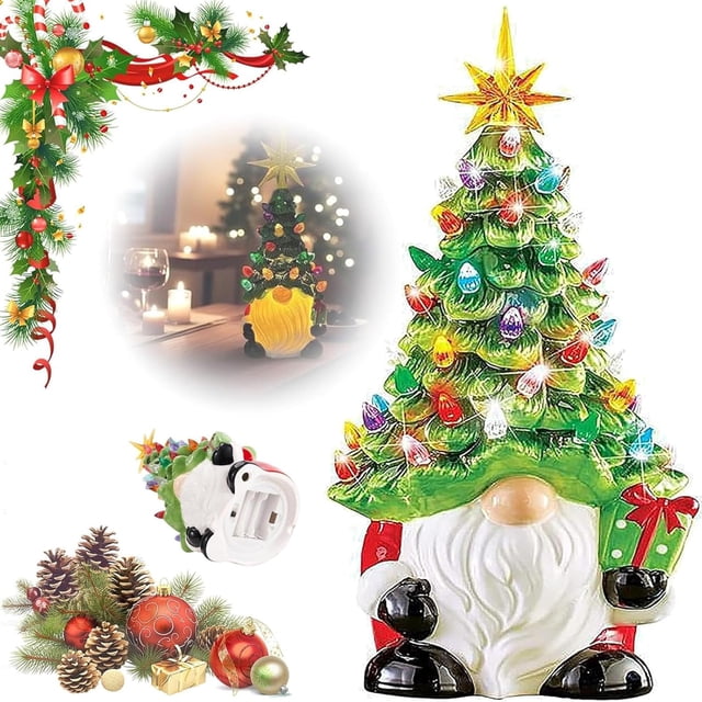 DIY Lighted Christmas Gnome Tree, Ceramic Christmas Trees That Light Up, 8 Inch Faceless Ceramic Xmas Tree, Small Prelit Tabletop Decor with Multicolored Lights for Home Indoor (1PC)