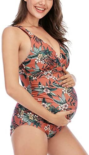 Maternity Floral Swimsuits One Piece Bathing Suits V-Neck Pregnancy Swimwear Bikini Red (L