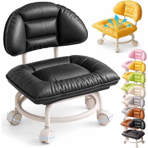 2027 New Rolling Low Stool with Backrest, Padded Seat & Silent Casters (B*) | Perfect for Workshops, Garages or Studios – Comfortable and Mobile Heavy Duty Shoe Change Stool with Wheels Minimalist