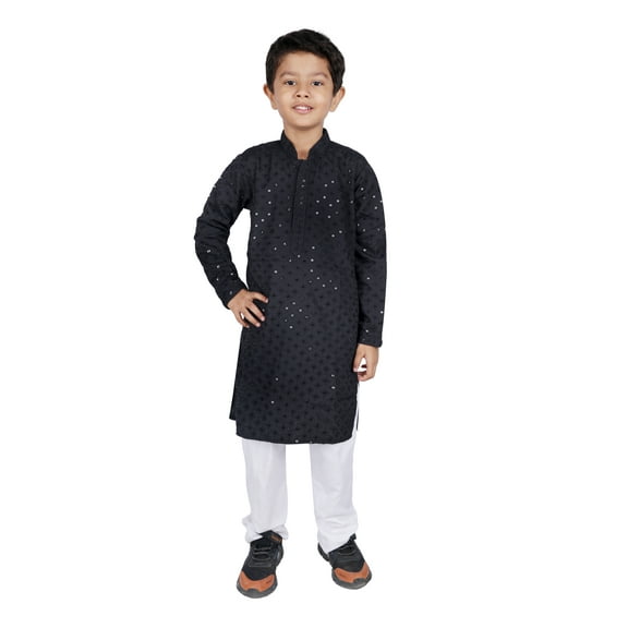 TRILOKI Kids Kurta Set for Boys Sequined Embroidery Black Rayon Indian Traditional Ethnic Wear