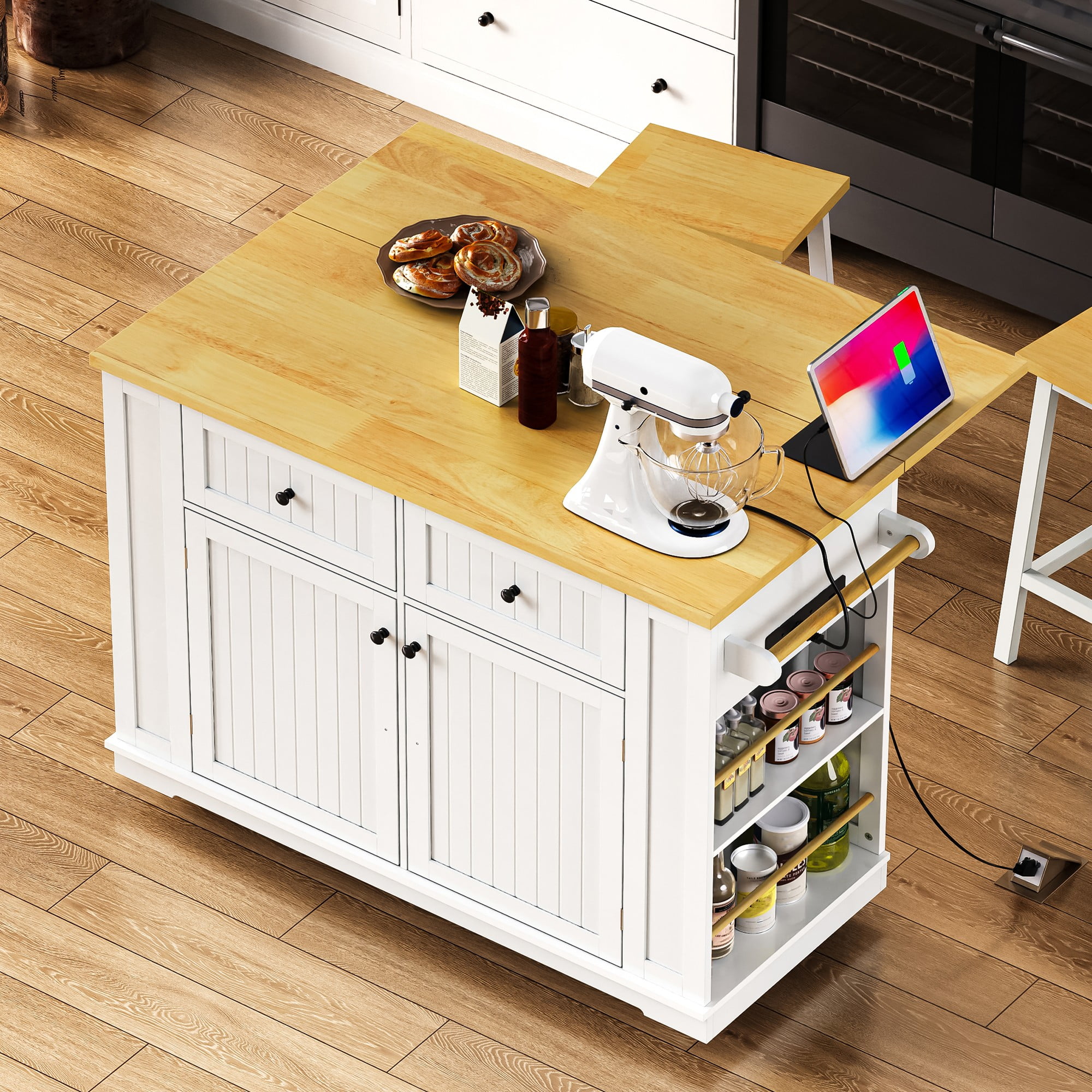 Euroco 3-Piece Kitchen Island Set with Drop Leaf, Power Outlets, Storage Cabinet, and 2 Bar Stools, Rolling Cart with Barn Doors and Spice Racks