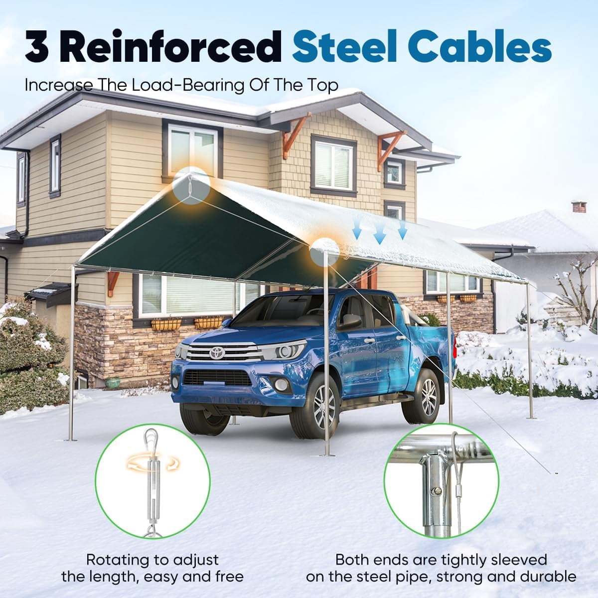 Quictent 10X15ft Upgraded Carport, Heavy Duty Car Canopy Carport Canopy Portable Garage Shelter Party Tent with 3 Reinforced Steel Cables, Green