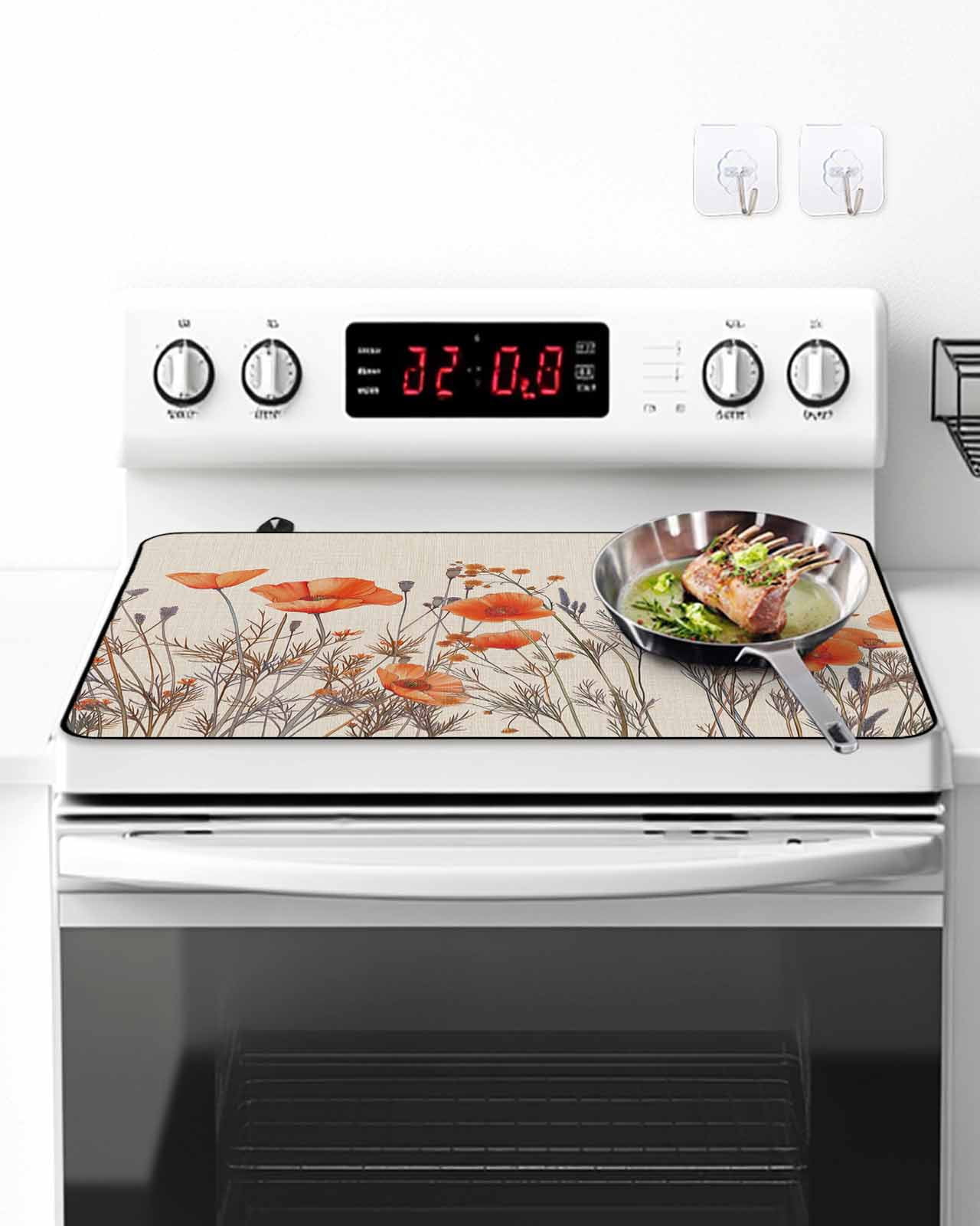 Stove Top Covers for Electric Stove, Orange Spring Floral Glass Stovetop Cover Protector, Watercolor Farmhouse Botanical Induction Cooktop Protector Oven Mat for Kitchen Countertop 24"x21"