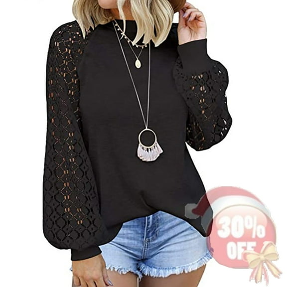 SHIBEVER Womens Tops Fall Lace Long Sleeve Tops Casual Round Neck T Shirts Dressy Tunic Tops Cute Ladies Loose Blouses Tops Black