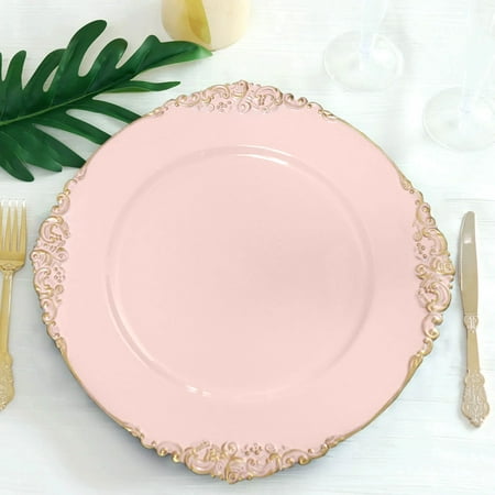 

6 Pack | 13 Blush Gold Embossed Baroque Round Charger Plates With Antique Design Rim - Case of 24 Chargers