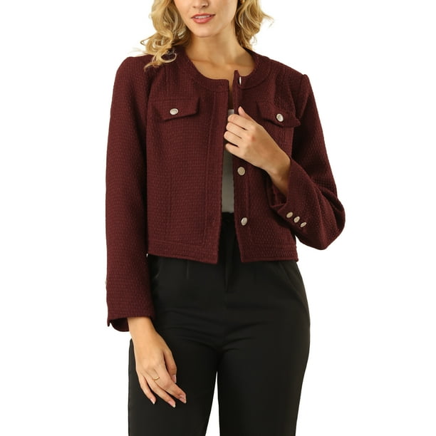 BLAZER CORTO DE TRABAJO PARA MUJER CHIC INSPIRADOR DE MANGA LARGA ELEGANTE CHAQUETA DE TWEED M ROJO VINO