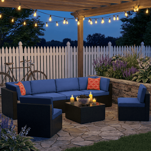 7 Pieces Outdoor Patio Furniture Set, Outdoor Wicker Sectional Sofa and Coffee Table, Plush Cushions with 2 Pillows, Outdoor Couch for Porch, Garden, Or Backyard-Black-Beige