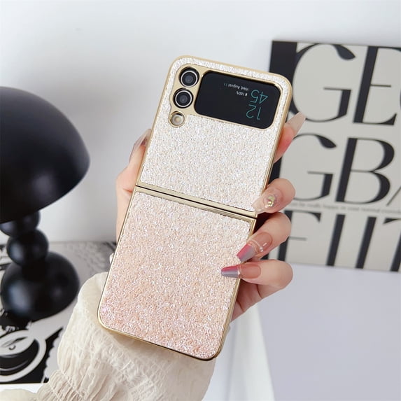 SaniMore for Samsung Galaxy Z Flip 3 Folding Case, Plating Gradient Glitter Shockproof Rugged PC Slim Lightweight Heavy Duty Full Body Protective Cover for Samsung Galaxy Z Flip 3 6.7", Gold