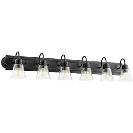 

5094-4-269 | 4 Light Transitional Metal Damp Rated Bath Vanity in Black Finish with Clear Seeded Bell Shaped Glass Shade | Easy to Install for Modern and Classic Style
