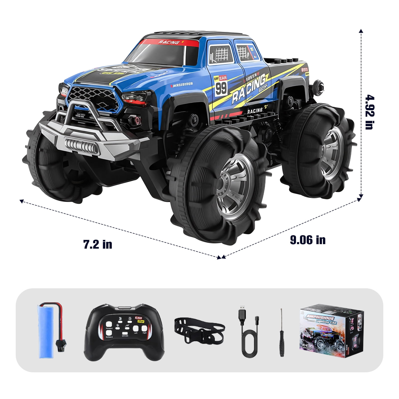 Amphibious RC Monster Truck/Boat, IPX7 Waterproof Remote Control Car, 2.4GHz 4WD RC Car 360°Rotation,LED Light,40mins Play RC Truck Toys for Kids Boys 6-12
