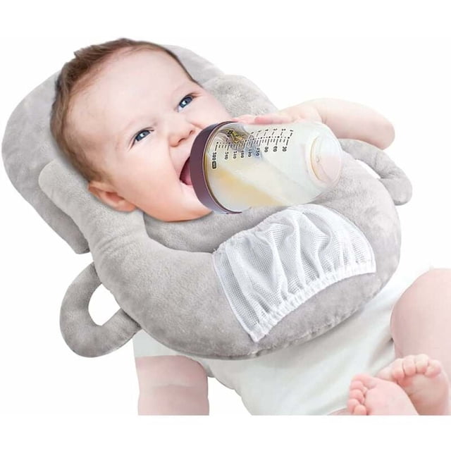 Almohadas multifuncionales portátiles para la alimentación del bebé, tumbona extraíble para autoalimentación y soporte para biberones (gris)