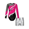 thumbnail image 3 of Miutii Girls Athletic Biketard 2 Piece Leotards with Shorts Set Long Sleeve Gymnastics Jumpsuit Hot Pink&Silver 8, 3 of 5