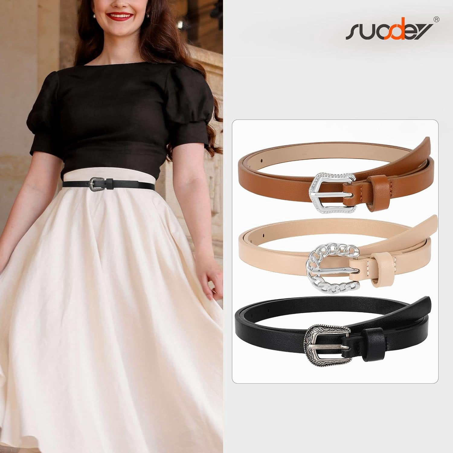 3 Pack Women Skinny Leather Belt for Dresses Thin Leather 