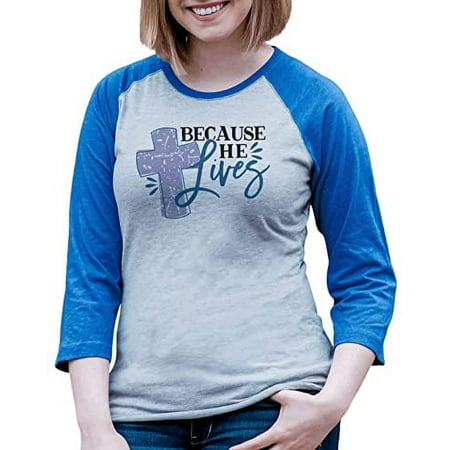 7 ate 9 Apparel Women s Happy Easter Shirts – Because He Lives Cross Blue Shirt Medium
