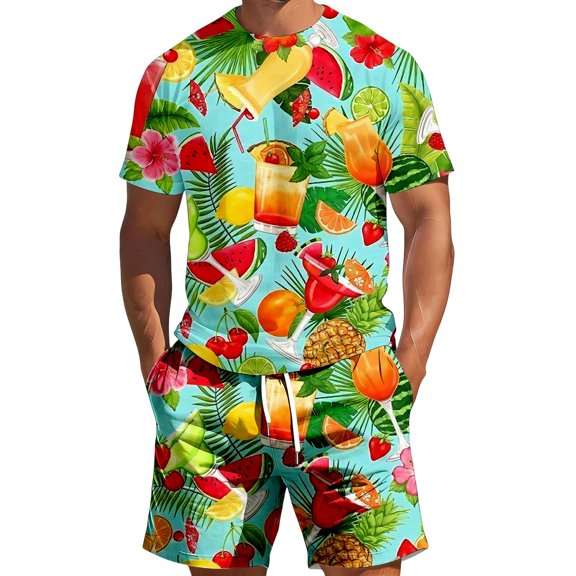 Mens 2 Piece Outfits Men's Two Piece Set Hawaiian Print Short Sleeve T Shirt and Shorts Spring Summer Leisure Sports Beach Style Stitching Print Green L