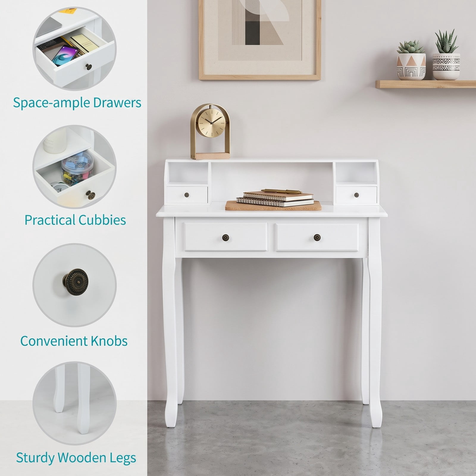 Furnibear Vanity Desk with 4 Drawers, 2-Tier Writing Desk Computer Desk with Detachable Storage Cabinet for Home Office and Bedroom, White