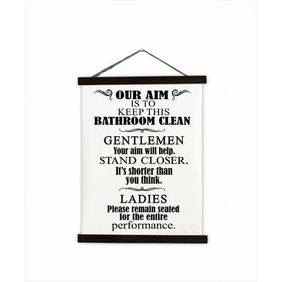 Black Wood, Canvas Sign Funny Bathroom Quote Wall Hanging Home Décor Art Print, Aim to Keep Bathroom Clean Gentlemen Ladies Words, 19x24-Inch
