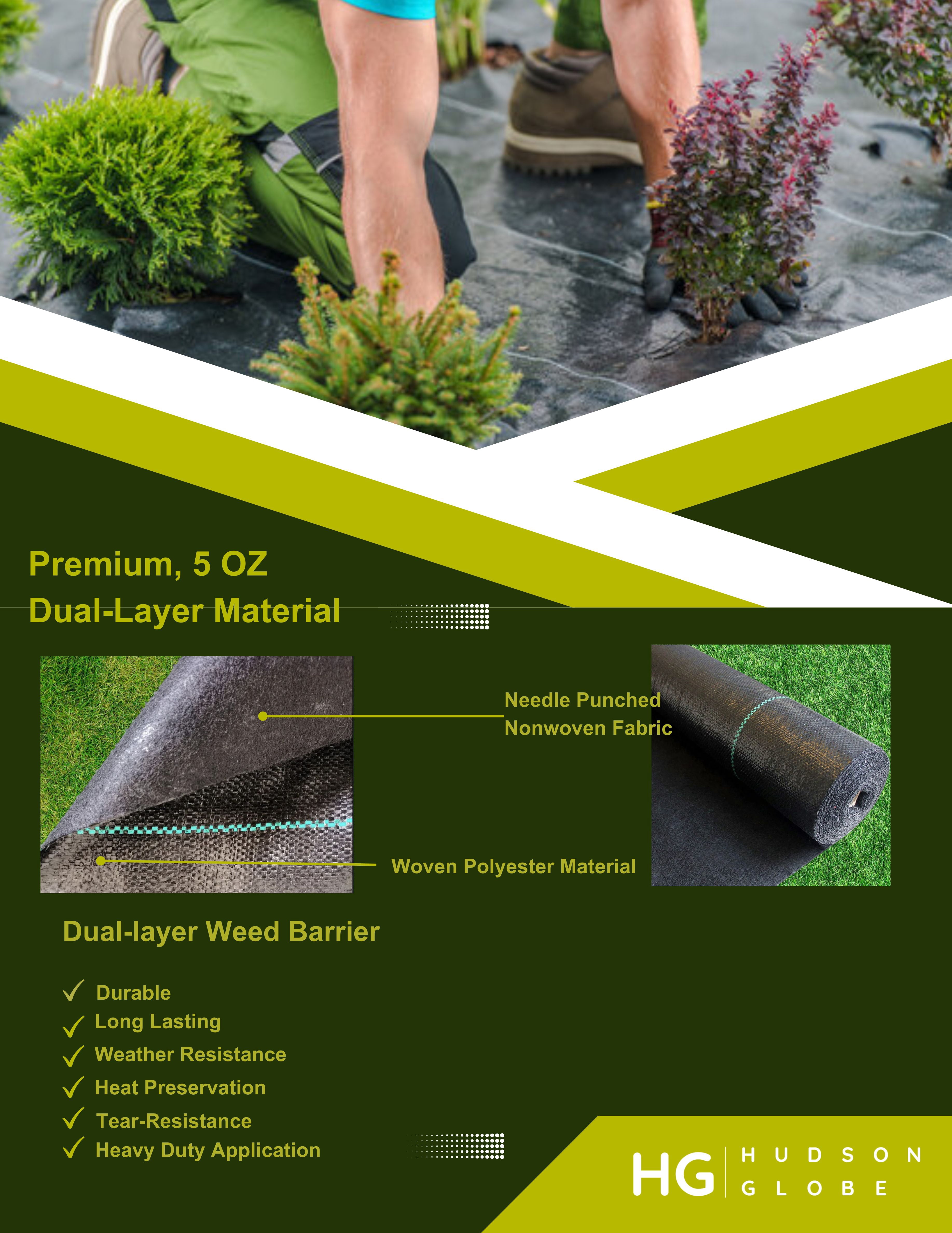HUDSON GLOBE  3FTX 50 FT Premium 5 OZ Weed Barrier Landscape Fabric, Double Layer, Heavy Duty Weed Control Mat,  10 Set U-Staples & Plastic Peds FREE Included