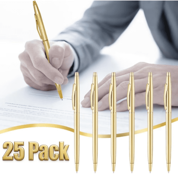 25 Pack Gold Metallic Fine Ballpoint Pen Retractable Metallic Black Ink 1.0mm Medium Tip Smooth Writing Pen for Wedding Business Office Supplies