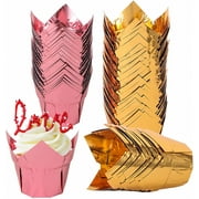Tulip Cupcake Liners, 100pcs Gold Muffin Liners Baking Cups, 3.5 Ounce Disposable Rose Gold Cupcake Cups, Jumbo Aluminum Foil Cupcake Wrappers for Party, Wedding, Birthday, Christmas