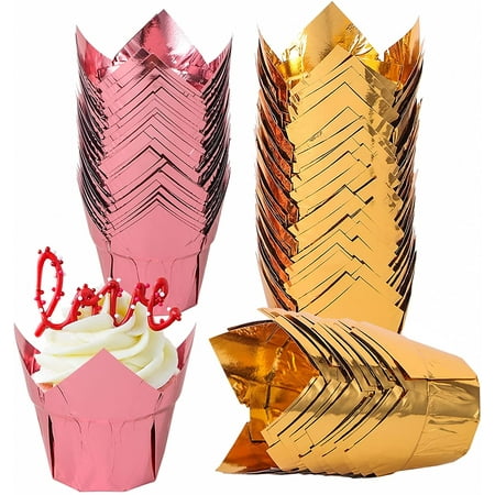 Tulip Cupcake Liners, 100pcs Gold Muffin Liners Baking Cups, 3.5 Ounce Disposable Rose Gold Cupcake Cups, Jumbo Aluminum Foil Cupcake Wrappers for Party, Wedding, Birthday, Christmas