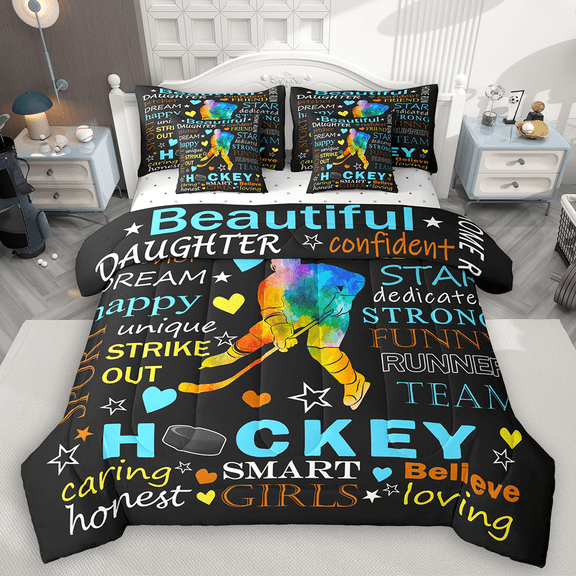 Manfei Hockey Twin Bedding Sets 7pcs for Girls, Sports Theme Bedding Comforter Set, Black Sheet Sets, Luxury Bedroom Decor