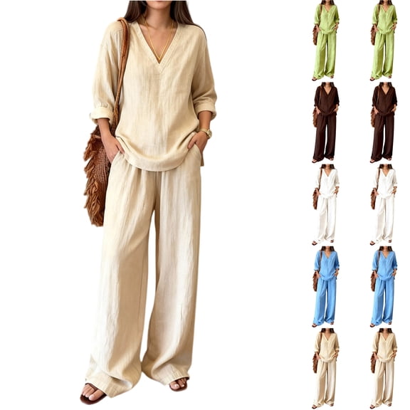 Lumtrix Linen Sets For Women 2 Piece Summer Long Sleeve V Neck Shirts Matching Wide Leg Lounge Pants with Pockets Beach Vacation Outfits Blue 2XL