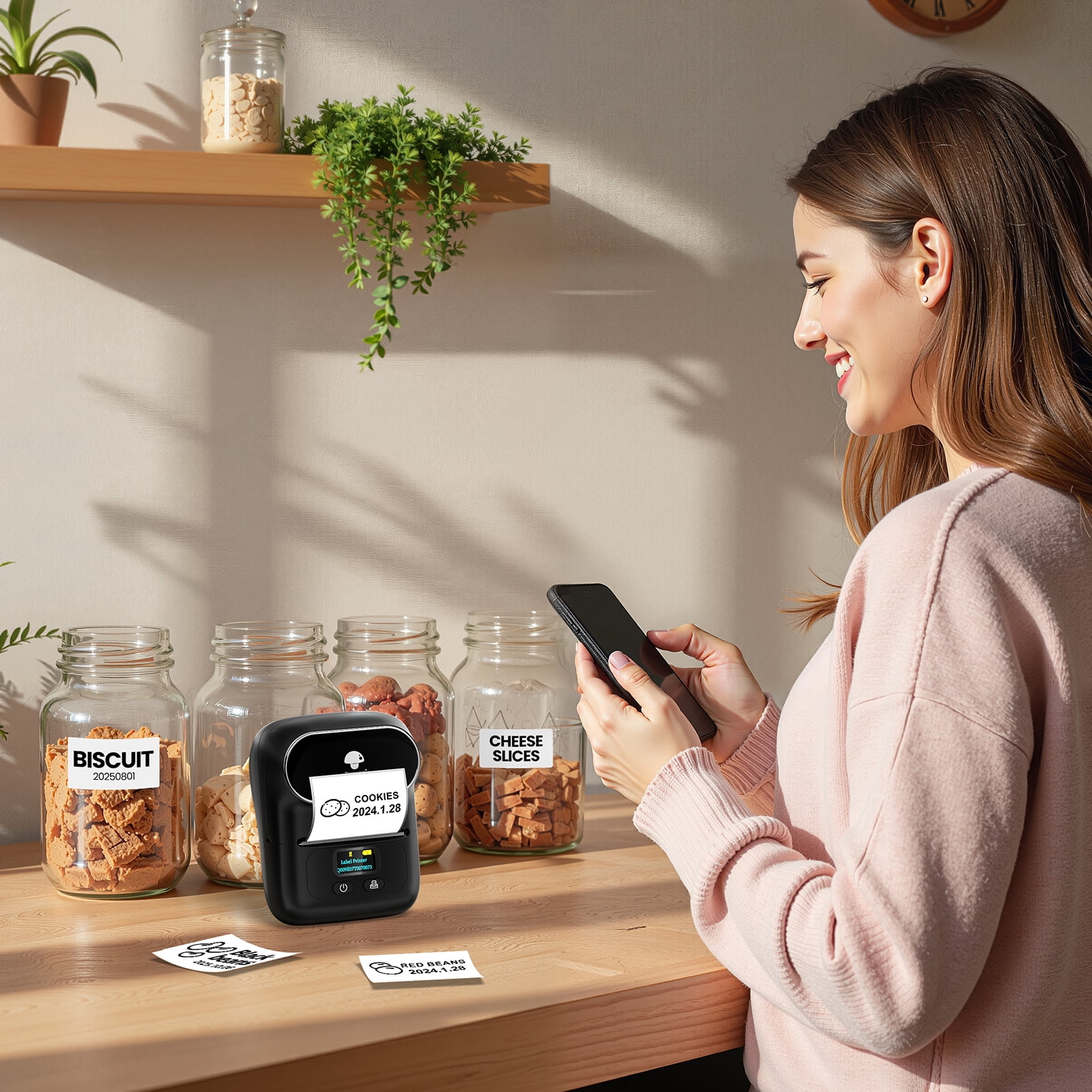 Phomemo M110 Label Maker Portable Label Printer, Sticker Printer For Small Business, Address, Office, Gift, Picture, Inkless Barcode Label Printer +4 Rolls Thermal Paper（Black）