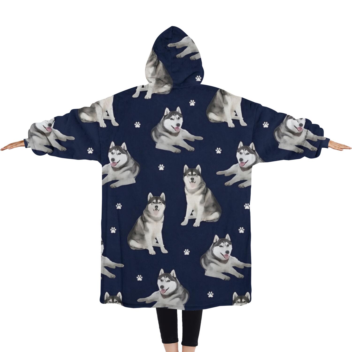 Oversized Wearable Blanket Hoodie,Siberian Husky Sherpa Blanket Hoodie with Super Pockets,Super Warm Fuzzy Pullover for Women & Men