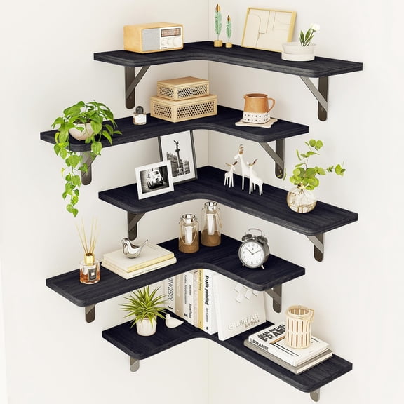 Fixwal Corner Shelves Wall Mounted Set of 5, Floating Shelves for Wall Bathroom, Kitchen, Bedroom, Home Decor, Laundry Room, Living Room (Black)