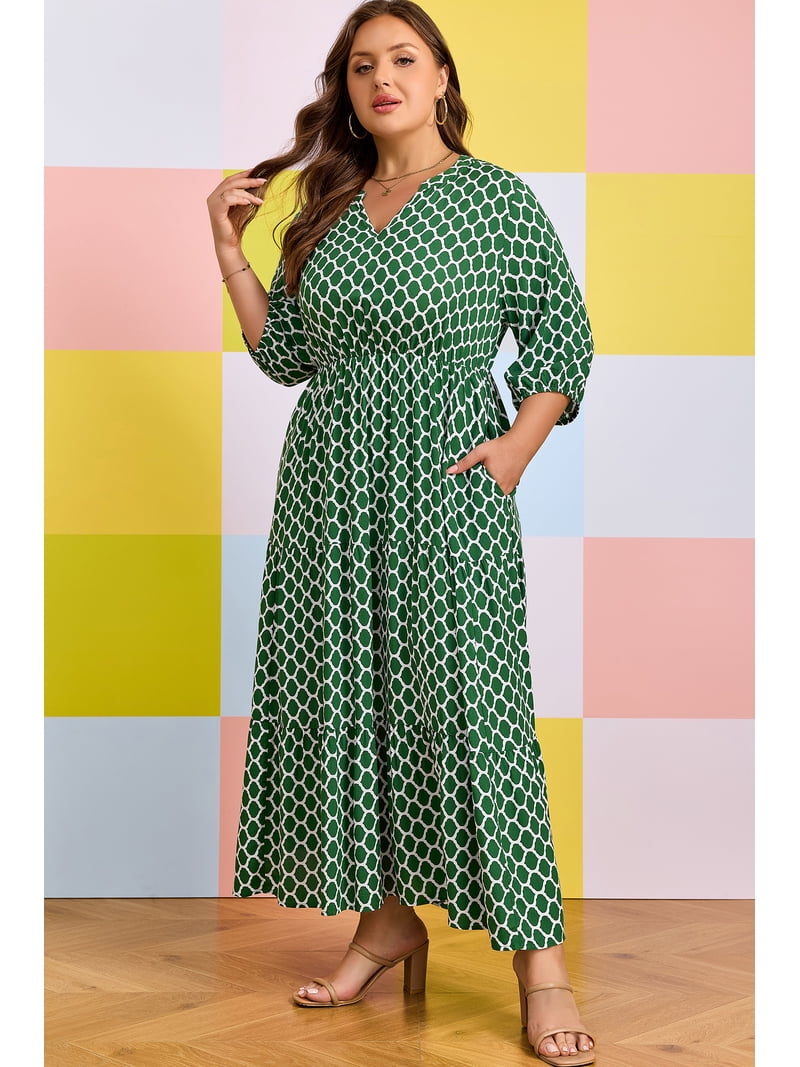 green geometric maxi dress TINYCRIBZ Women's Plus Size Geometric Print Maxi Dress V Neck Short Sleeve Casual Long Dress with Pockets, 1X, Size: 1XL, Green