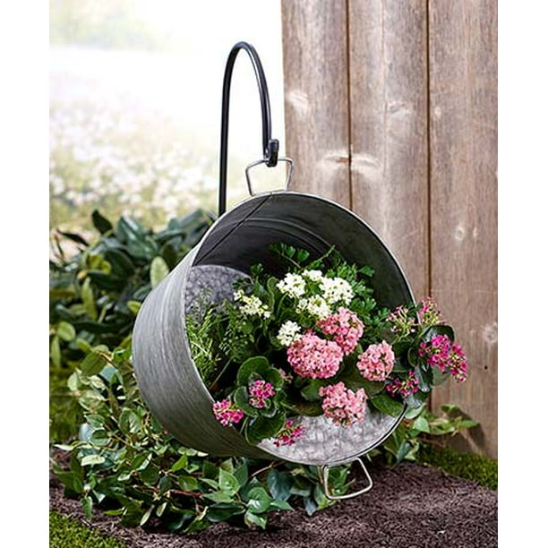 Hanging Pail Planter with Shepherd�s Hook Metal Planter Hanging Pail Planter with Shepherd�s Hook Metal Planter