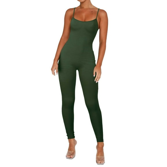 HSHMT Womens Jumpsuits Women Workout Seamless Jumpsuit Yoga Ribbed Bodycon Spaghetti Strap Leggings Romper