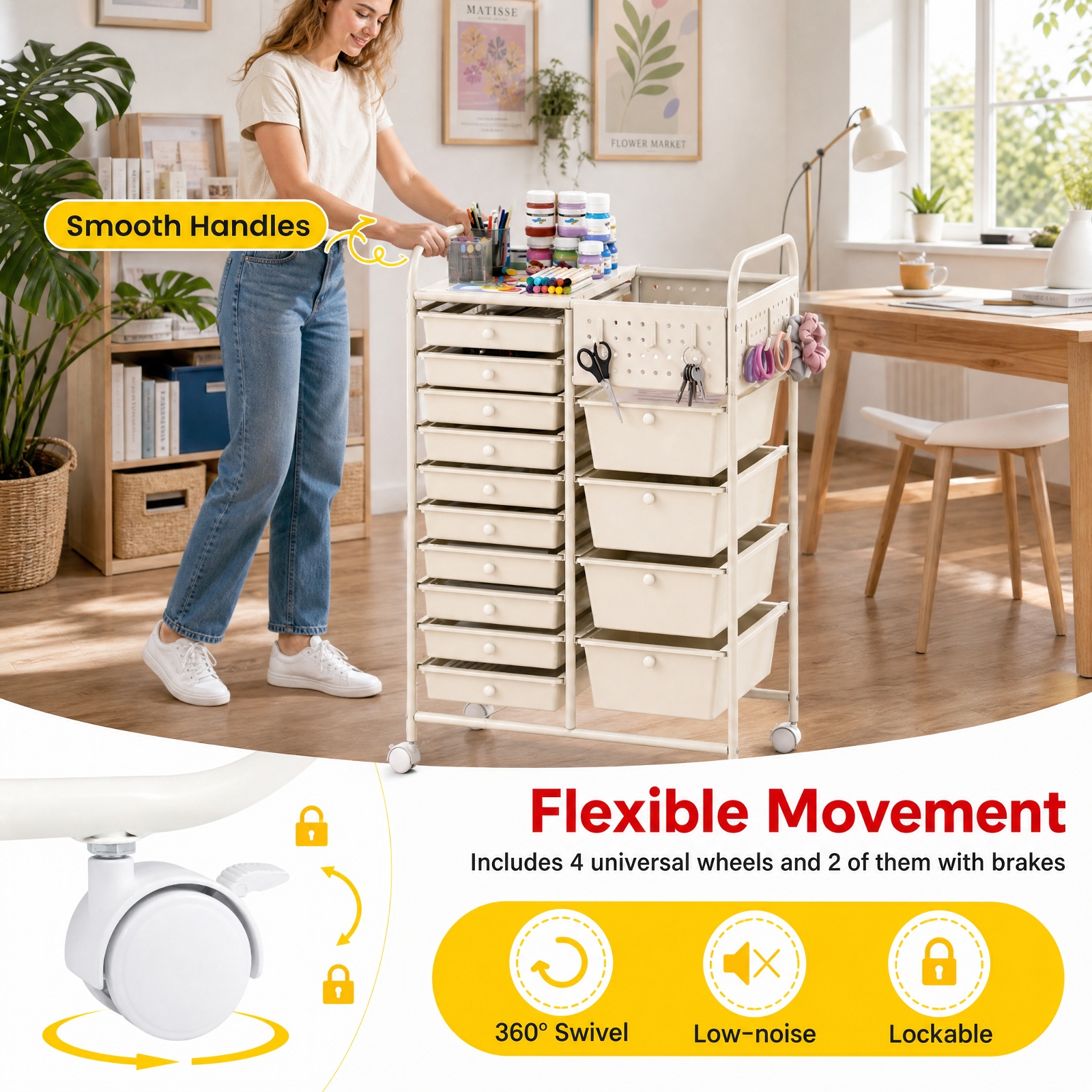 Furnibear 14 Drawer Rolling Storage Cart with Metal Tabletop Pegboard and Locking Wheels for Kitchen Office and Classroom Organizing, White