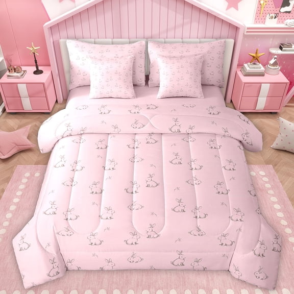 Manfei Cartoon Pink Animal Twin Bedding Sets 7-Piece for Kids, Kawaii Bunnies Rabbit Bedding Comforter Set, Cute Princess Style Reversible Sheet Sets, Lightweight Room Decor