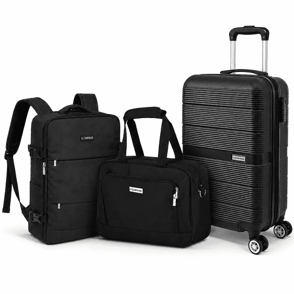 Juego De Maletas Compass Chicago Negro De 20", Backpack Y Neceser Con Candado TSA Y 8 Ruedas 360°