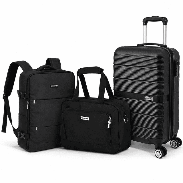 Juego De Maletas Compass Chicago Negro De 20", Backpack Y Neceser Con Candado TSA Y 8 Ruedas 360°