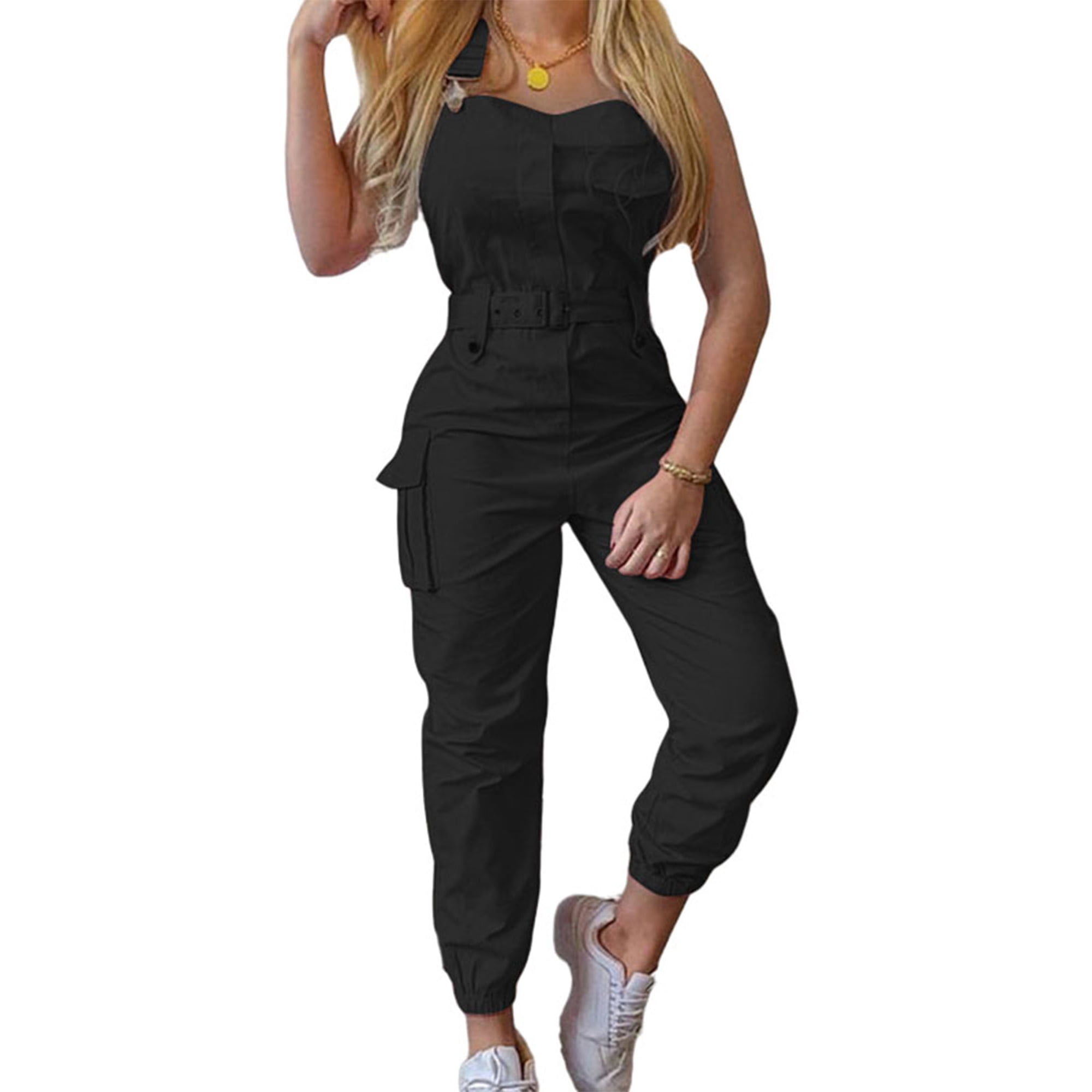 Avamo Women Romper With Pockets Jumpsuits Belt Long Pants Solid Color Overalls Loungewear Leggings Black 3XL